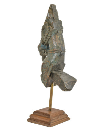 Starožitná hlava koňa z teakového dreva, šedo modrá, 20x26x72cm