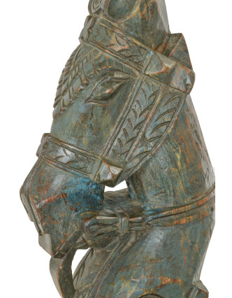 Starožitná hlava koňa z teakového dreva, šedo modrá, 20x26x72cm