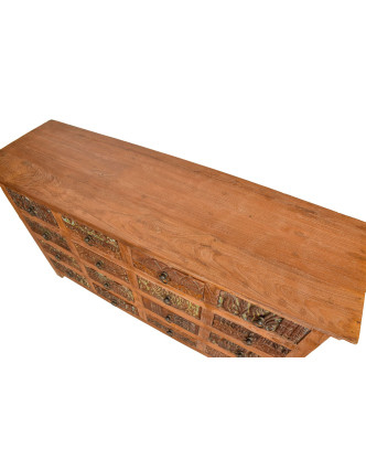 Šuplíková komoda z teakového dreva, ručné rezby na šuplíkach, hnedá, 150x45x85cm