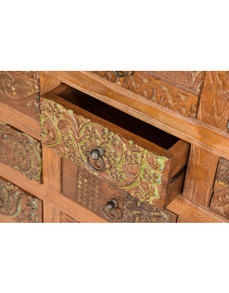 Šuplíková komoda z teakového dreva, ručné rezby na šuplíkach, hnedá, 150x45x85cm