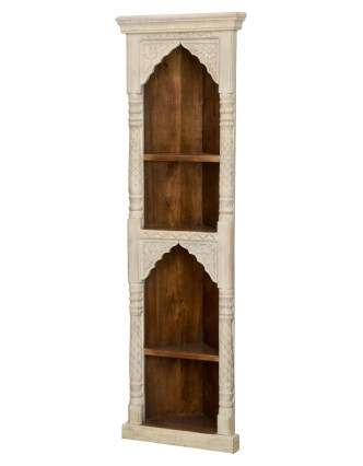Rohová knihovna z mangového dřeva, ruční řezby, 55x31x180cm