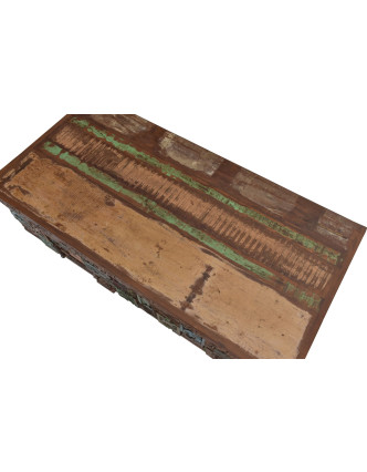 Drevená truhla z mangového dreva zdobená starými rezbami, 122x61x48cm