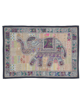 Patchworková tapiséria z Rajastanu, ručné práce, fialový slon, 148x108cm