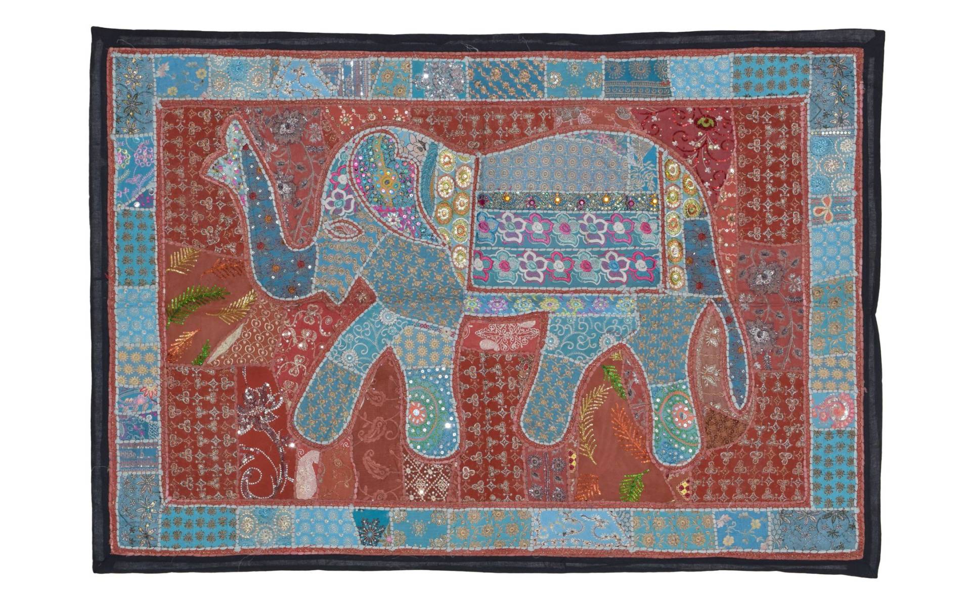 Patchworková tapiséria z Rajastanu, ručné práce, modrý slon, 152x106cm