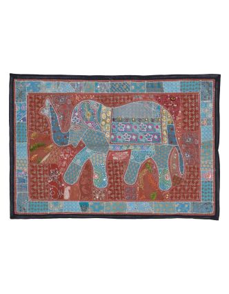 Patchworková tapiséria z Rajastanu, ručné práce, modrý slon, 152x106cm