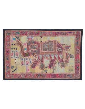 Patchworková tapiserie z Rajastanu, ruční práce, růžový slon, 146x108cm