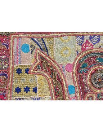 Patchworková tapiserie z Rajastanu, ruční práce, růžový slon, 146x108cm