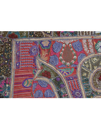 Patchworková tapiséria z Rajastanu, ručné práce, smaragdový slon, 152x108cm