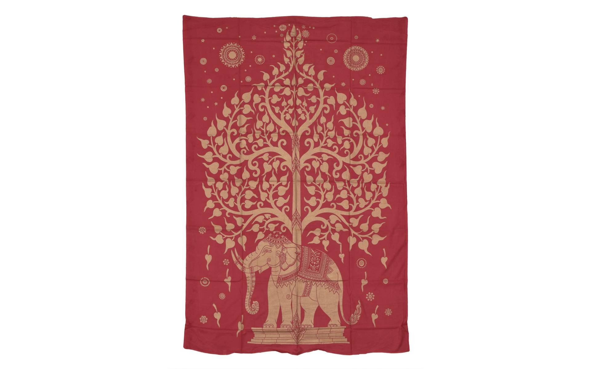 Prikrývka s tlačou, červená, zlatá tlač strom života a slon, 137x205cm