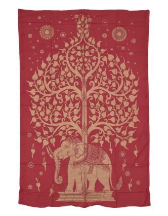 Prikrývka s tlačou, červená, zlatá tlač strom života a slon, 137x205cm
