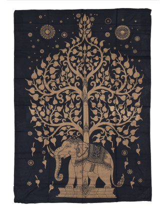 Prikrývka s tlačou, čierna, zlatá tlač strom života a slon, 140x206cm