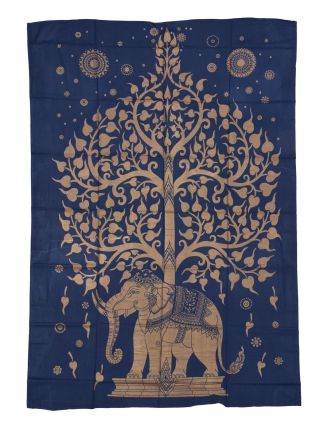 Prikrývka s tlačou, modrá, zlatá tlač strom života a slon, 140x206cm