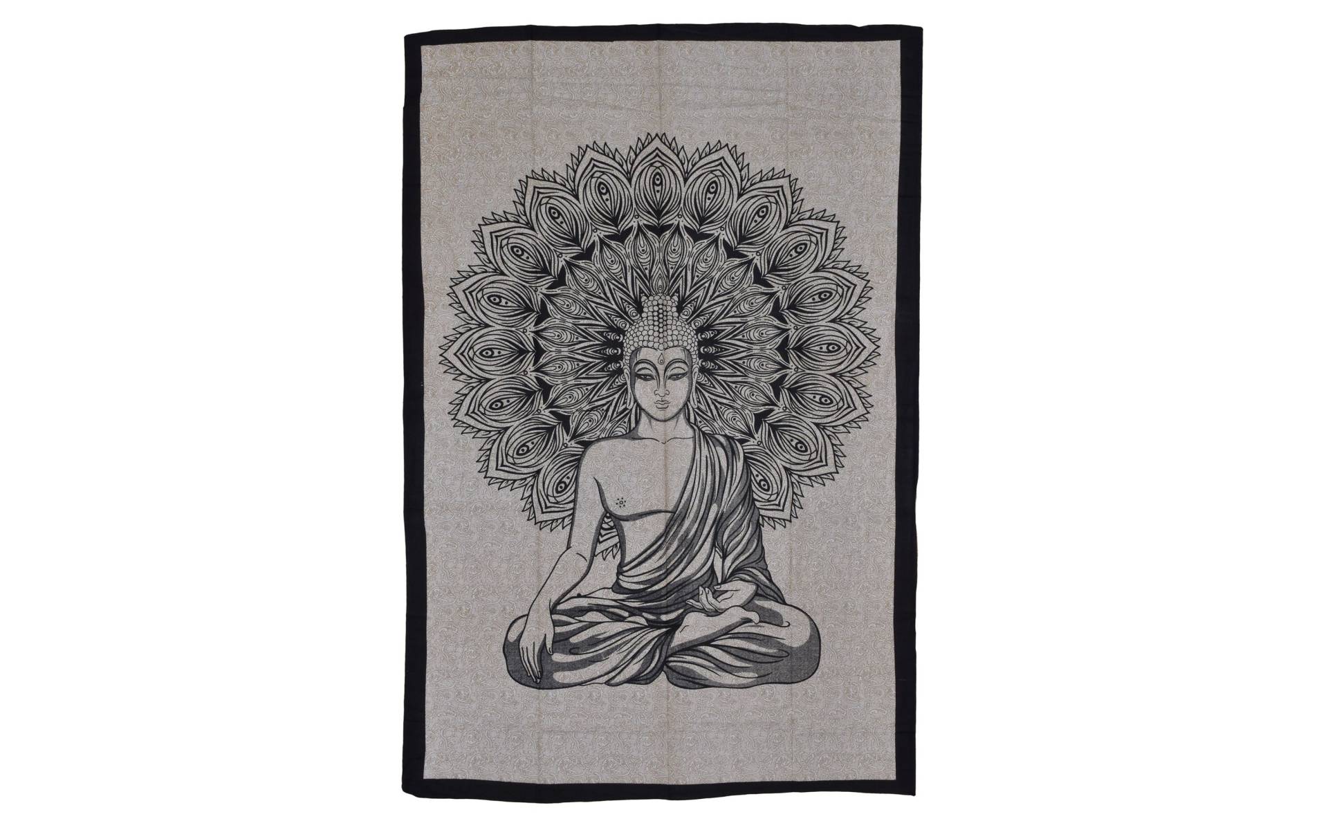 Prikrývka s tlačou, Budha, hnedo-béžový podklad, čierna tlač, 140x202cm
