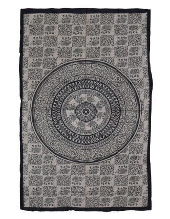 Prikrývka s tlačou, Mandala, slony, béžová, čierna tlač, 140x202cm