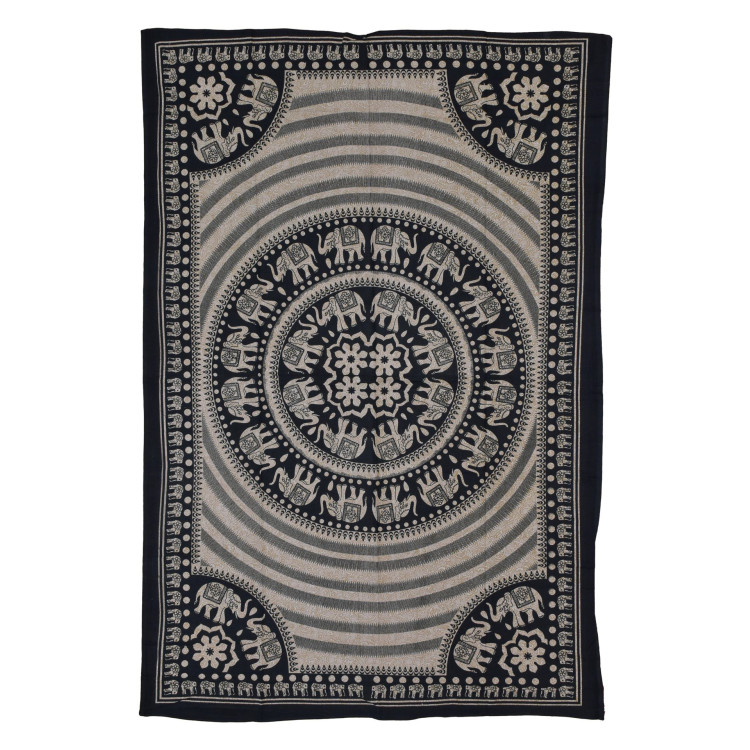 Prikrývka s tlačou, Mandala, slony, béžová, čierna tlač, 202x140cm