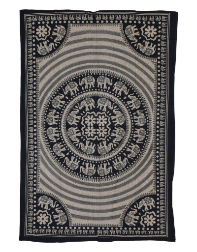 Prikrývka s tlačou, Mandala, slony, béžová, čierna tlač, 202x140cm
