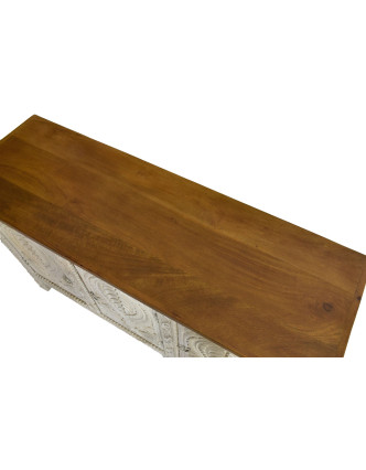 Komoda z mangového dřeva, ručně vyřezávaná, bílá patina, 123x40x76cm