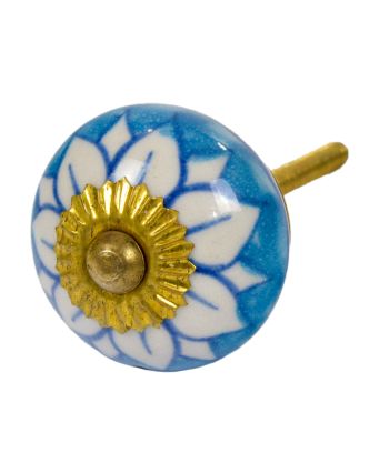 Malovaná porcelánová úchytka na šuplík, modrá s bílou květinou, průměr 3,9cm