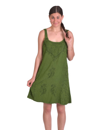 Krátke letné voľné šaty, zelené, na ramienka s výšivkou, viazanie na chrbte