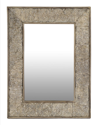 Zrkadlo v ráme z teakového dreva, ručné rezby, biela patina, 90x120x4cm