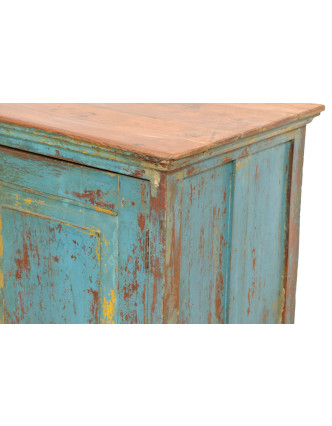 Stará skříňka teakového dřeva, tyrkysová patina, 98x45x102cm