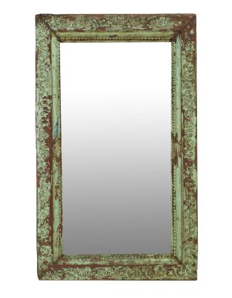 Zrkadlo v ráme z teakového dreva, ručne vyrezávané, zelená patina, 73x9x124cm