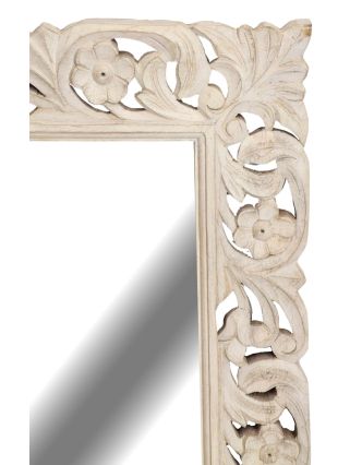 Ručně vyřezávané zrcadlo z mangového dřeva, bílá patina, 60x4x90cm