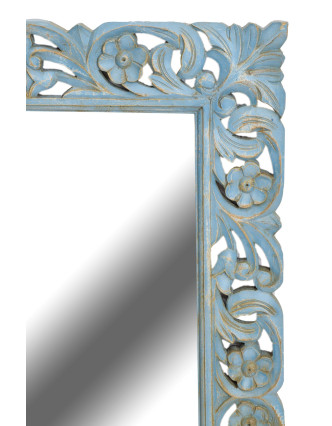 Ručně vyřezávané zrcadlo z mangového dřeva, tyrkysová patina, 60x4x90cm