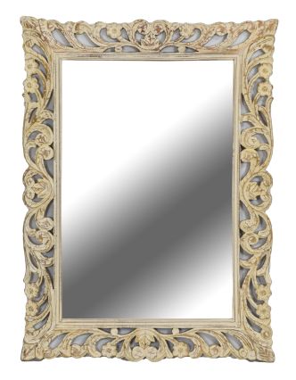 Zrkadlo vo vyrezávanom ráme, biela patina, mango, 90x4x120cm