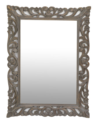 Zrcadlo ve vyřezávaném rámu, šedá patina, mango, 60x4x90cm