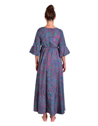Dlouhé šaty s krátkým rukávem, fialovo-růžové s drobným paisley potiskem
