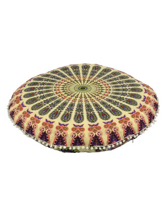 Meditačný vankúš, okrúhly, 80x13cm, béžový, pávie mandala, biele brmbolce