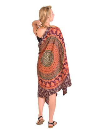 Sárong oranžovo-vínový, Mandala a slony 110x170cm, s ručnou tlačou