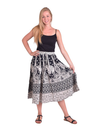 Dlhá sukňa, čierno-biela, potlač slonov a orientálnych vzorov