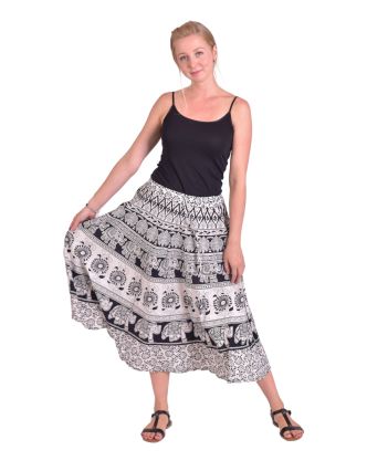 Dlhá sukňa, čierno-biela, potlač slonov, kvetov a orientálnych vzorov