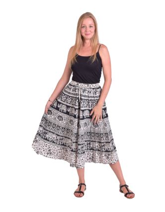 Dlhá sukňa, čierno-biela, potlač slonov, pávov a orientálnych vzorov