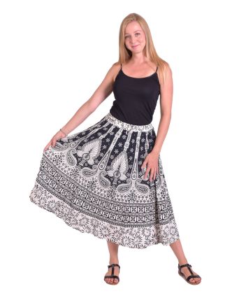 Dlhá sukňa, čierno-biela, potlač pávov a orientálnych vzorov