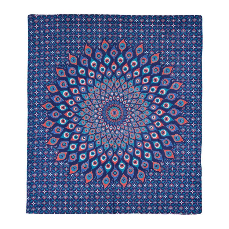 Prikrývka na posteľ, pestrofarebná pávie mandala, 230x202cm, modro-červená