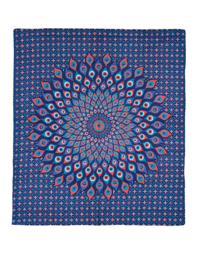 Prikrývka na posteľ, pestrofarebná pávie mandala, 230x202cm, modro-červená