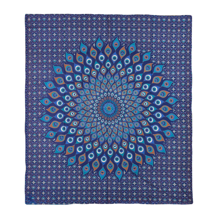 Prikrývka na posteľ, pestrofarebná pávie mandala, 230x202cm, modro-tyrkysová