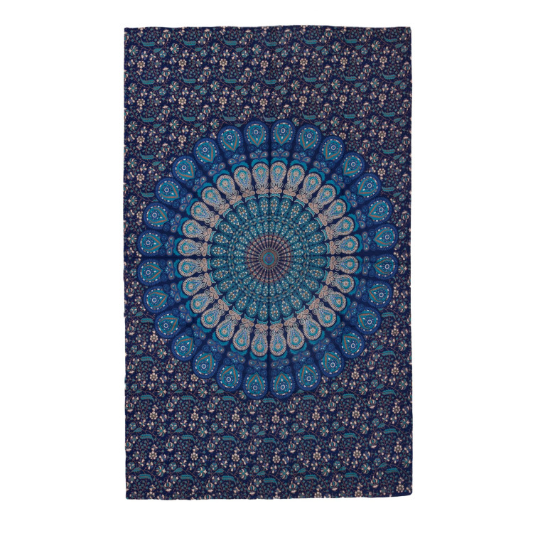 Prikrývka na posteľ modro-zelená "Barmery round Mandala" pávie perá, 130x210cm
