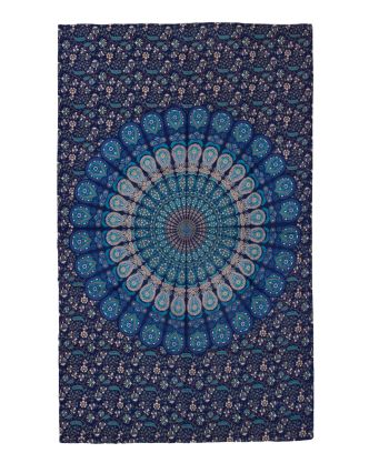 Prikrývka na posteľ modro-zelená "Barmery round Mandala" pávie perá, 130x210cm