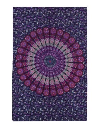 Prehoz na posteľ fialovo-ružový "Barmery round Mandala" pávie perá, 130x210cm