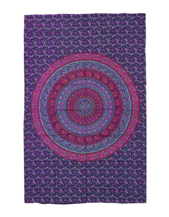 Prikrývka na posteľ, fialovo-ružový, Mandala, slony a kvety 200x130cm
