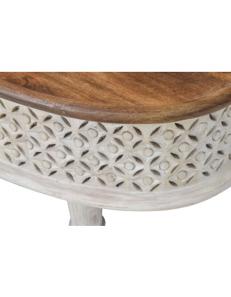 Oválny stolík z mangového dreva, ručne vyrezávaný, 106x58x41cm