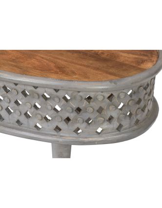 Oválny stolík z mangového dreva, ručne vyrezávaný, 106x58x41cm