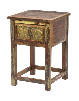 Noční stolek v Goa stylu, šuplík s reliéfy slonů, 40x40x60cm