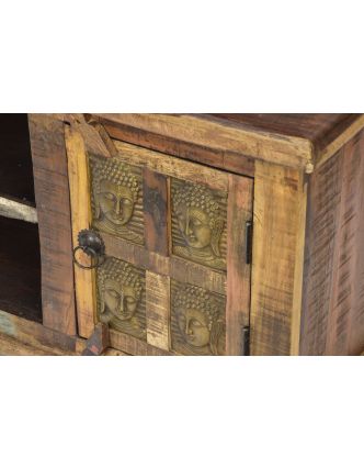 Komoda pod TV z teakového dreva zdobená mosadznými Buddhami, 140x45x50cm