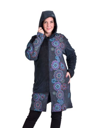 Černý kabátek s kapucí, potisk a výšivka Mandal, na zip, kapsy, stone wash