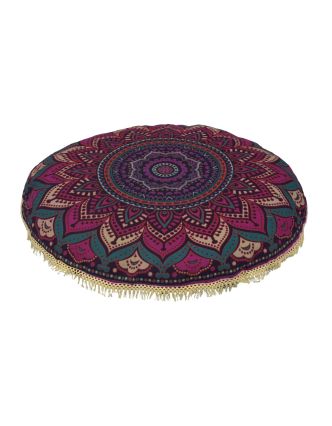 Meditačný vankúš, okrúhly, 80x13cm, fialový, farebná mandala, béžové strapce